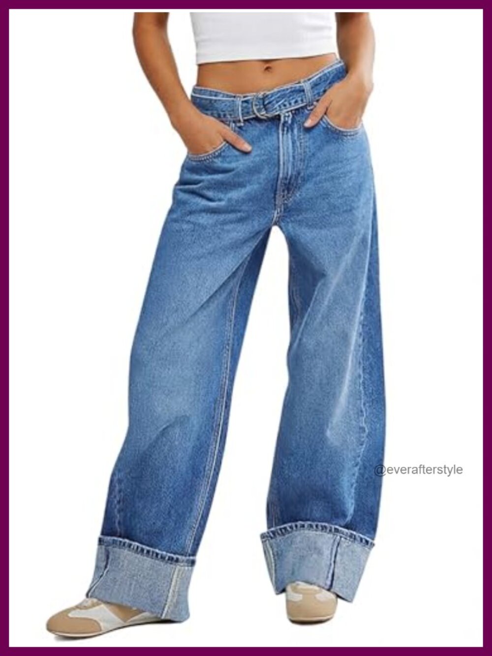 High Waisted Wide Leg Cuffed Jeans Baggy Denim Pants